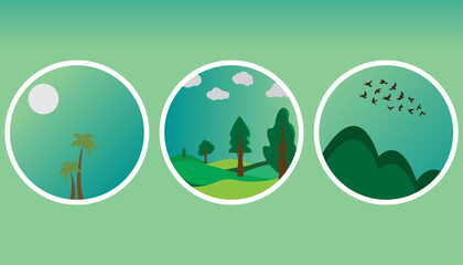 Green Nature Trees Three Sets of Vector Landscape Natural Scenery Minimalist Abstract Illustration