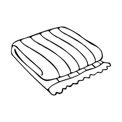 Picnic blanket hand drawn doodle isolated on white background. Cozy coverlet vector illustration. Outline ink sketch. Bedclothes icon. Fringe folded coverlid for bedroom, sofa, chair, patio