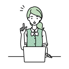 デスクで座ってPCを開いて何かひらめいた事務員制服の女性