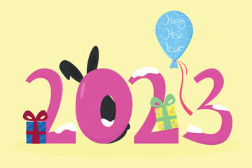 banner for the new year with gifts and the symbol 2023 a black rabbit and a balloon with text. Winter December Cartoon Vector Illustration Cute Greeting Card Template