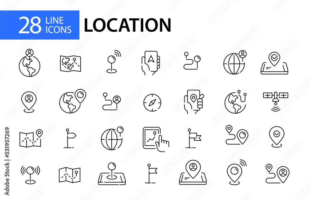 Aufkleber 28 line art location icons. map pointers, navigation and sharing position. pixel perfect, editable s