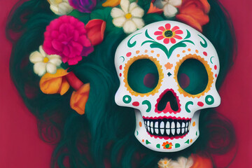 Colorful Dia de los muertos mexican holiday Day of Dead, Digital style, 3d rendering