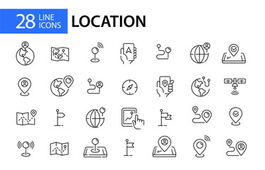 28 line art location icons. Map pointers, navigation and sharing position. Pixel perfect, editable stroke line