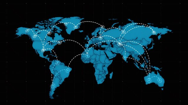 Digital Net Over the Surface of World Map. Stylization of Tech Earth Globalization. Luminous Points of Cities and Countries on the Planet Connect Into a Single Network. Modern Business and Technology