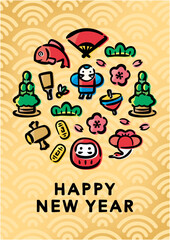 Japanese New Year Illustration for banners, backgrounds, New Year's cards, and various promotions.(A-size vertical,English version)