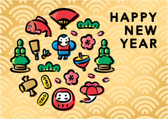 Japanese New Year Illustration for banners, backgrounds, New Year's cards, and various promotions.(A-size horizontal,English version)