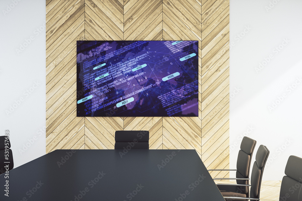 Poster abstract software development hologram and world map on presentation tv screen in a modern meeting r