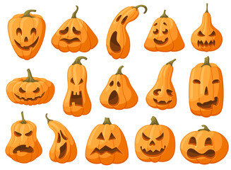 Set of different orange pumpkins with carved faces for halloween on white background. Smiley, spooky, scary, sad, cute cartoon characters. Suitable for celebration, decoration on october.