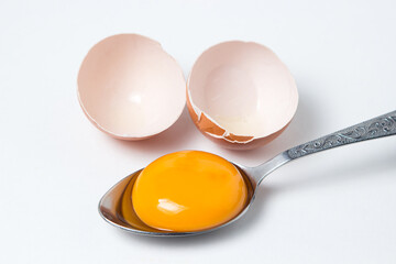 Egg yolk in a spoon next to the shell on a white background. Broken chicken egg.