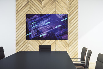 Abstract software development hologram and world map on presentation tv screen in a modern meeting room, global research and analytics concept. 3D Rendering