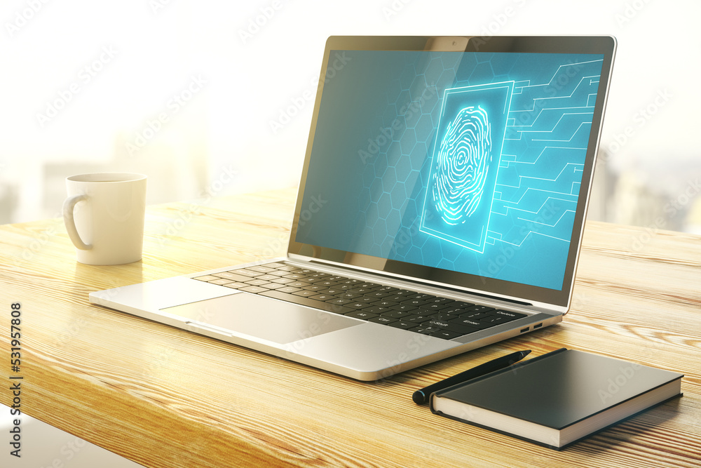 Poster abstract creative fingerprint hologram on modern computer monitor, protection of personal informatio