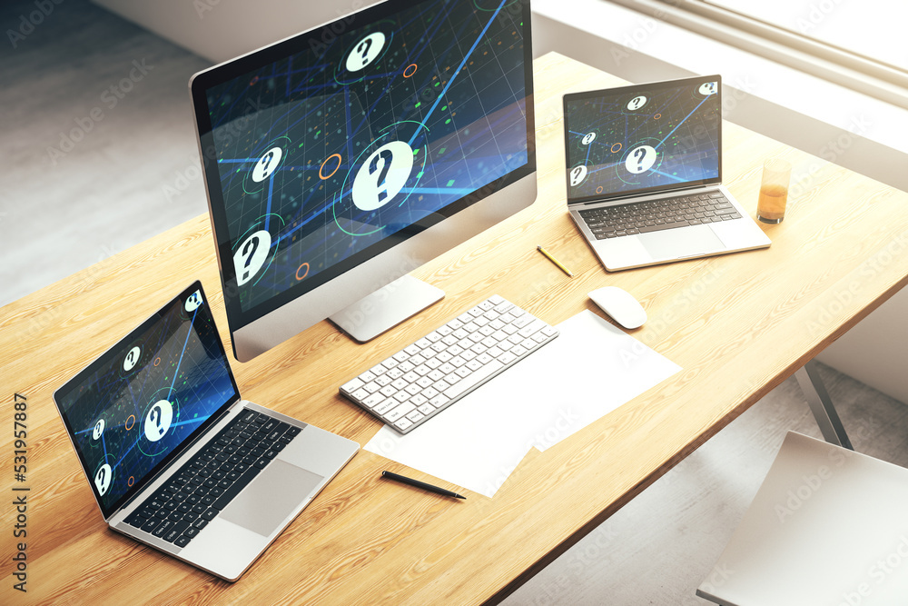 Aufkleber modern computer monitor with question mark hologram. sociology and psychology concept. 3d rendering