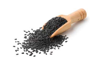 Black sesame seeds with wooden scoop isolated on white background.