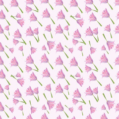 Pale pink tulips of different sizes on a white background. Seamless pattern