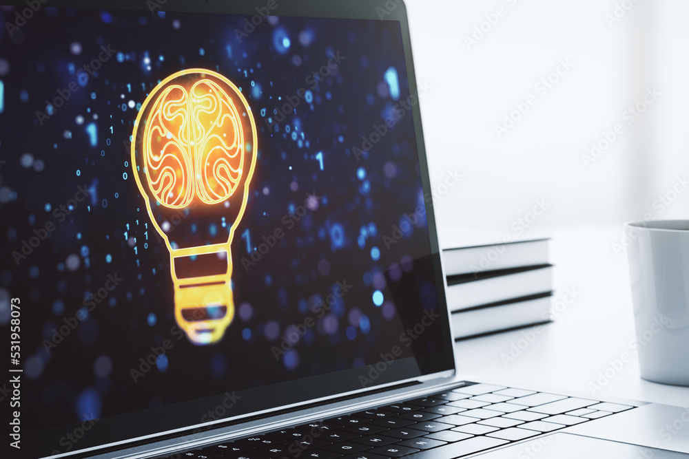 Poster creative light bulb illustration with human brain on modern computer monitor, future technology conc