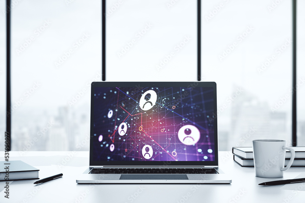 Poster modern computer monitor with social network icons concept. marketing and promotion concept. 3d rende