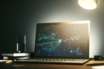 Creative scientific formula illustration on modern computer monitor, science and research concept. 3D Rendering