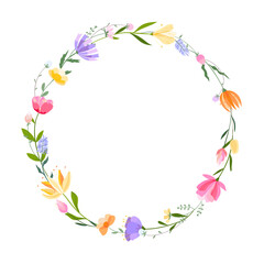 Obraz na płótnie Canvas Vector floral wreath illustration. Set of leaves, wildflowers, twigs, floral arrangements. Beautiful compositions of field grass and bright spring flowers.