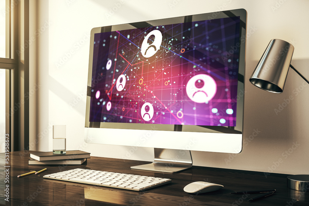 Poster modern computer display with social network icons concept. networking concept. 3d rendering