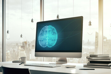 Creative artificial Intelligence concept with human brain sketch on modern laptop monitor. 3D Rendering