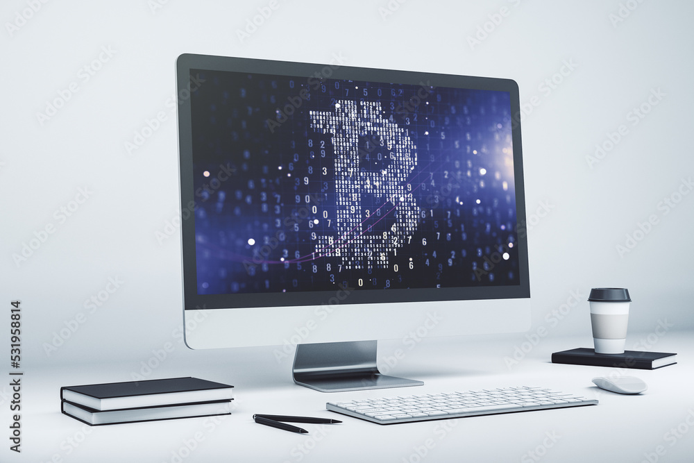 Aufkleber modern computer monitor with creative bitcoin symbol. cryptocurrency concept. 3d rendering