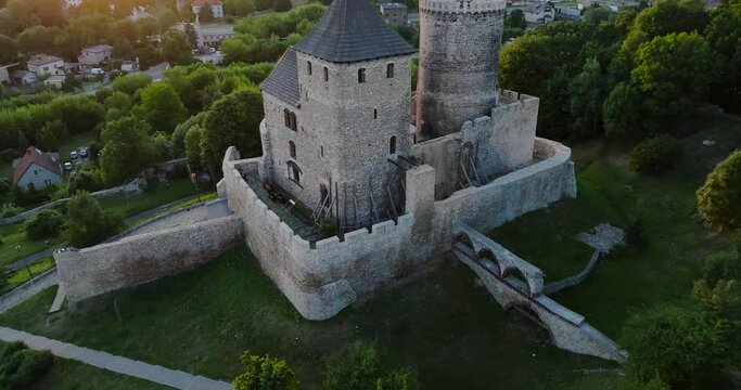 Aerial view of the Castle in Bedzin at sunset, Upper Silesia, Poland. 