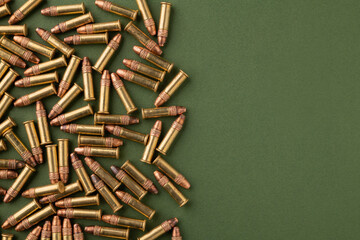 .22lr rounds, rimfire ammunition. flat composition, copy space. - obrazy, fototapety, plakaty