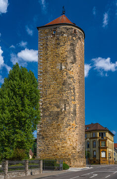 King tower (Königsturm) Fortification of the old city wall, Schwäbisch Gmünd, Baden Württemberg, Germany.