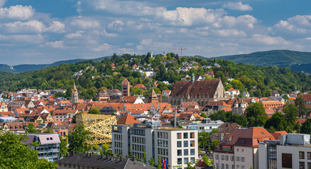 Panoramic view over Schwäbisch Gmünd with Five button tower (Fünfknopfturm), King tower (Königsturm), Holy Cross cathedral (Heilig-Kreuz-Muenster). Baden Wuerttemberg, Germany, Europe - obrazy, fototapety, plakaty