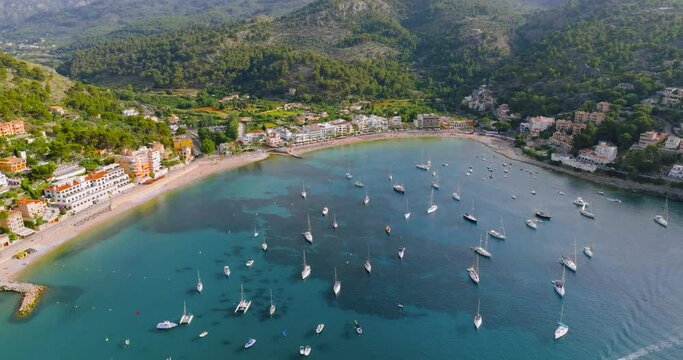 Majorca, Spain. Aerial view of summer resort town Port de Soller on Mallorca