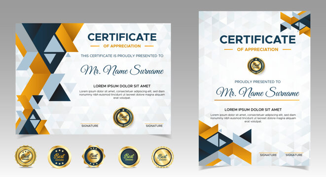 Black and yellow certificate of achievement border template with luxury badges and modern line pattern. For award, business, and education needs