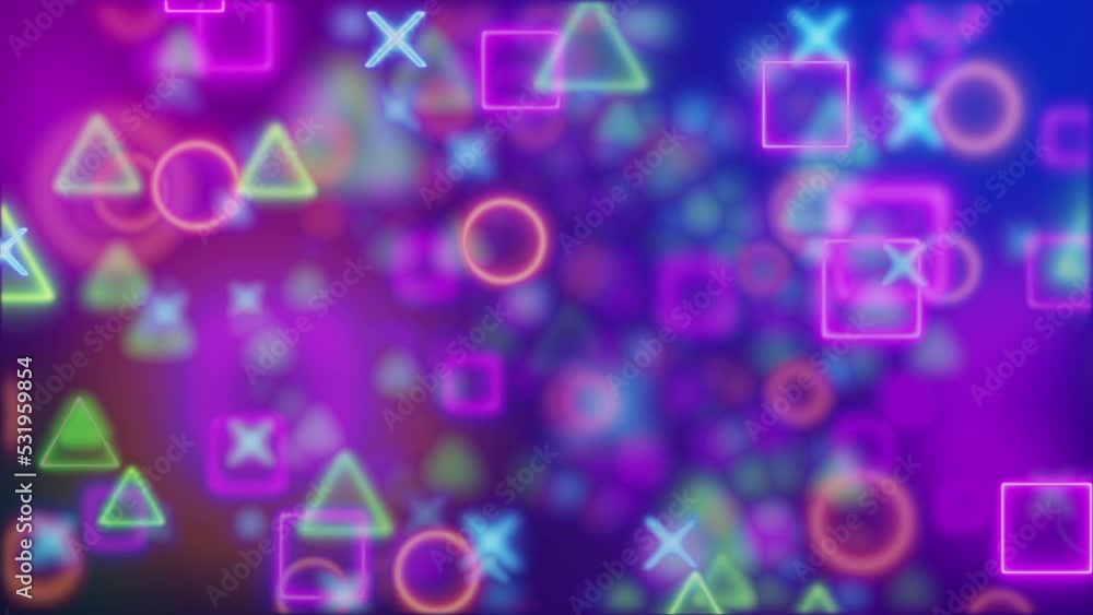 Poster geometric particle flying, circle, triangle, cross and square shape in neon style. glowing geometric