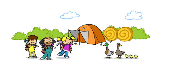 Group of children in front of a tent when camping next to animals