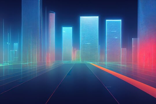 Modern city with wireless network connection and cityscape concept. Wireless network and connection technology concept with city background at night. 3d render, Raster illustration.