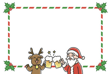 ビールで乾杯するサンタとトナカイのイラスト　コピースペースあり