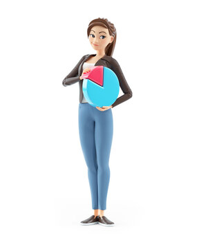 3d cartoon woman standing with pie chart