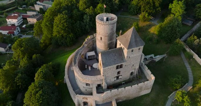 Flight around the Castle in Bedzin at sunset, Upper Silesia, Poland. 