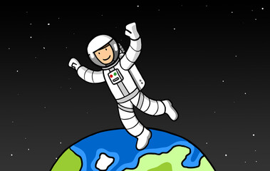 Astronaut in space suit hovers over planet earth