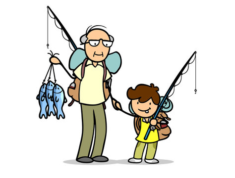 Grandson learns fishing from grandpa while fishing and camping