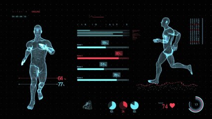 Biometric Scan of Human Body. 3D Holographyc Figure of Running Man. Analyse of Health and Body Condition. Colorful Motion Graphics. Infographics Data and Reports on Digital Sport Interface. Health - Powered by Adobe