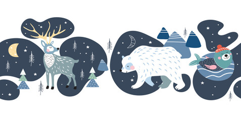 Horizontal seamless pattern. Cute cartoon polar bear, deer and walrus. Moon, mountains and stars.