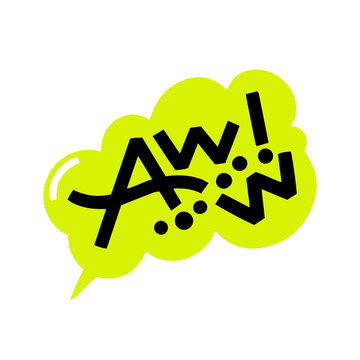 Aww word bold hand lettering on yellow speech bubble background. Vector clip-art for social media, posters, stickers, greeting materials.
