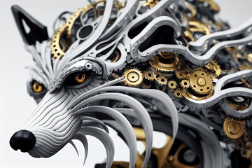 Сlose-up of futuristic mechanical wolf. Abstract wolf portrait. Steampunk style animal. 3d illustration