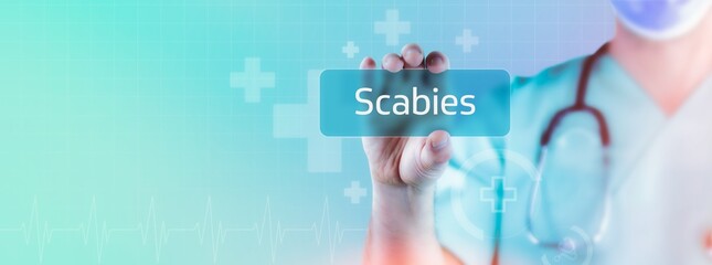 Scabies. Doctor holds virtual card in hand. Medicine digital