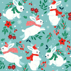 Seamless pattern with cute bunnies in scarves and hats. Vector graphics.