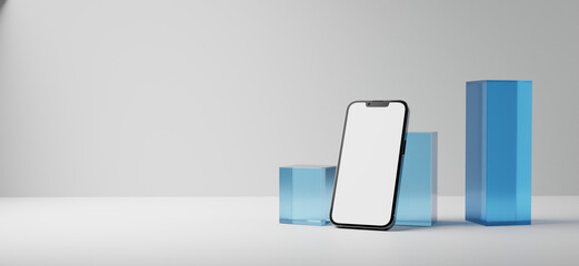 3d rendering of smart phone leaning up against 3d glass bar graph 