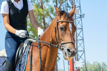 Little girl that rides a brown pony during Pony Game competition at the Equestrian School