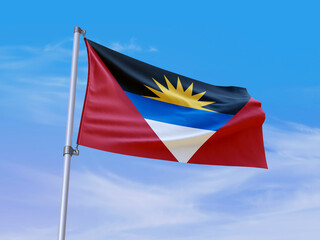Beautiful Antigua and Barbuda flag waving with sky background - 3D illustration - 3D render