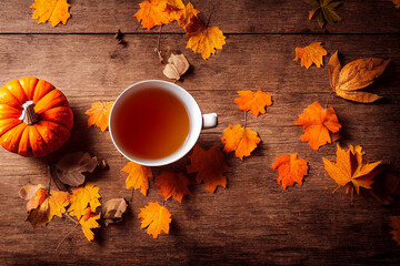 3d illustration of a cup of warm tea with autumn leaves and pumpkin on a rustic wooden table