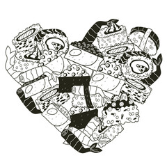Japanese cuisine sushi banner or poster, logo or emblem design in black and white graphic, flat vector illustration isolated on background. Sushi bar and seafood restaurant emblem in shape of heart.